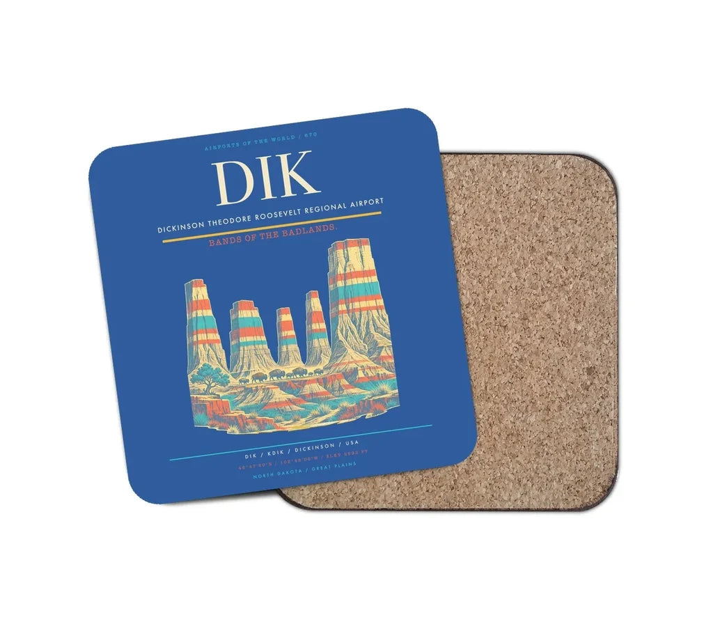 Dickinson Theodore Roosevelt Regional Airport (DIK) design on blue 1 piece coaster