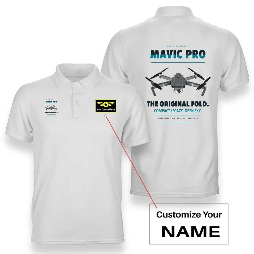 DJI Mavic Pro design on white polo with custom name badge