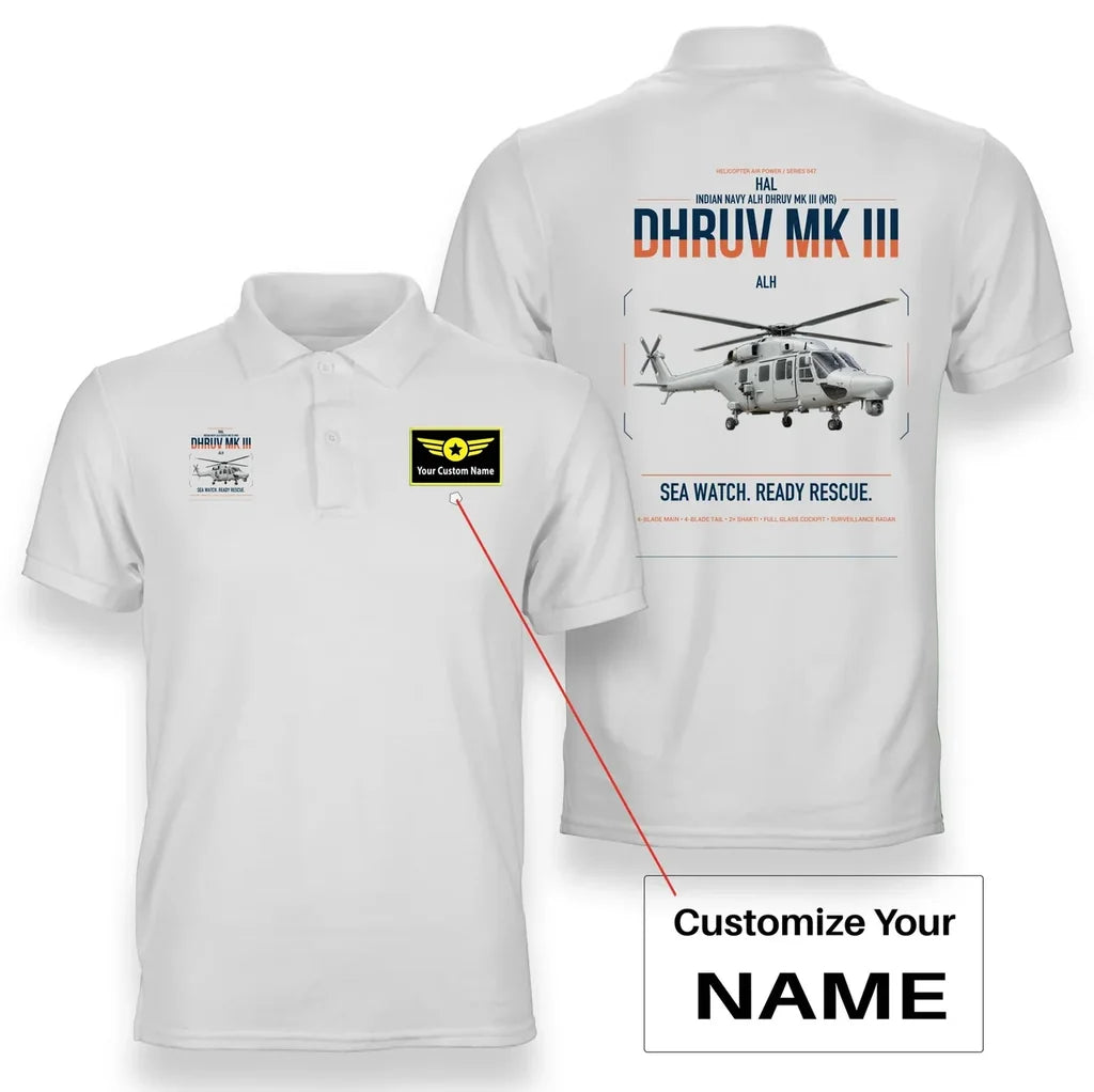 HAL ALH Dhruv Mk III design on white+name double-side polo t-shirt, double-side print