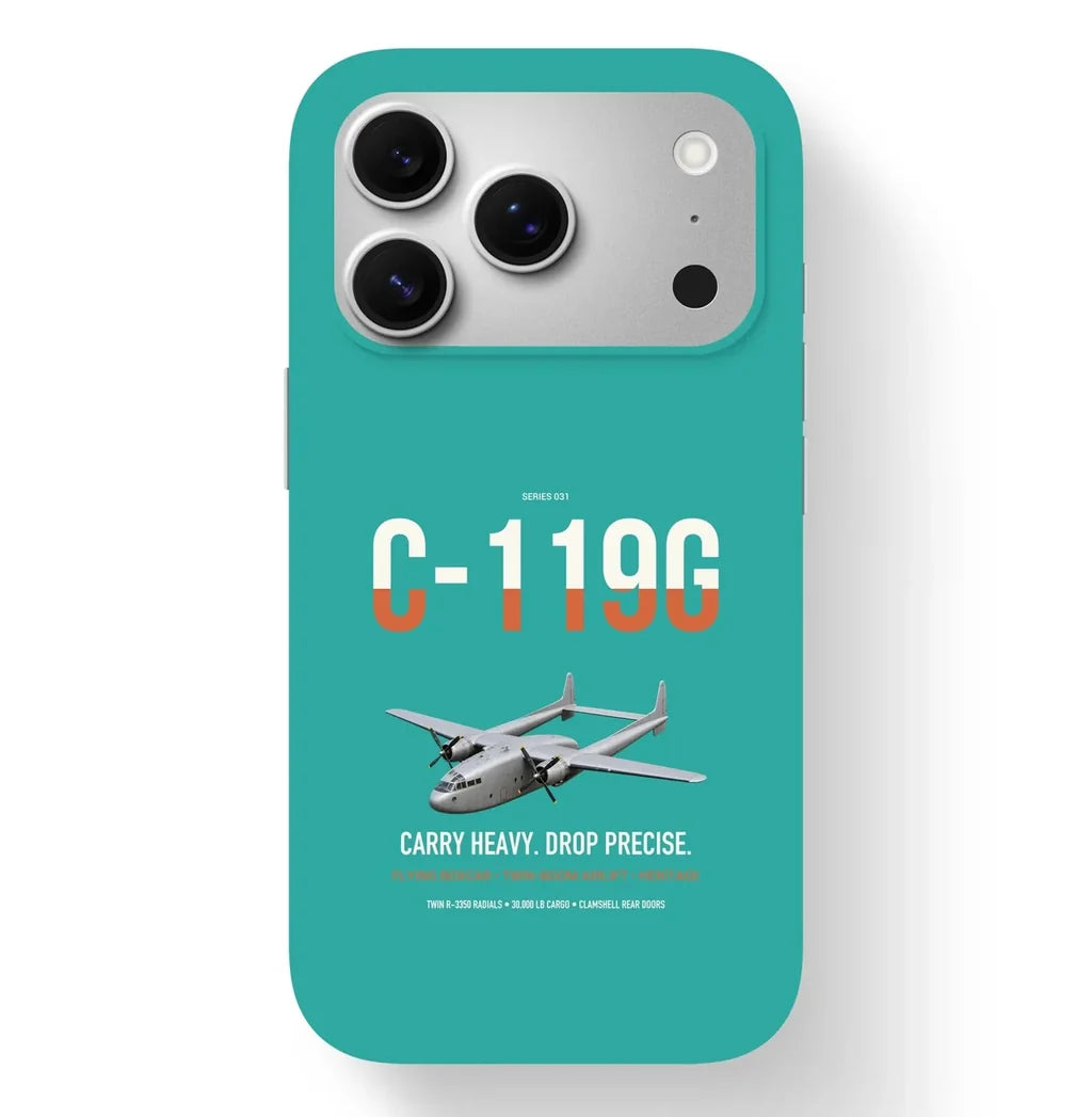 C-119G Flying Boxcar design on turquoise magsafe iphone case, for iPhone 17 Pro