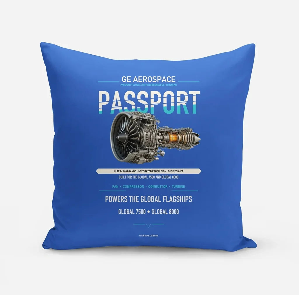 PASSPORT design on blue pillow