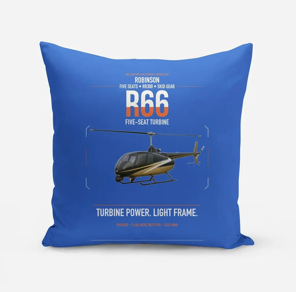 Robinson R66 design on blue pillow
