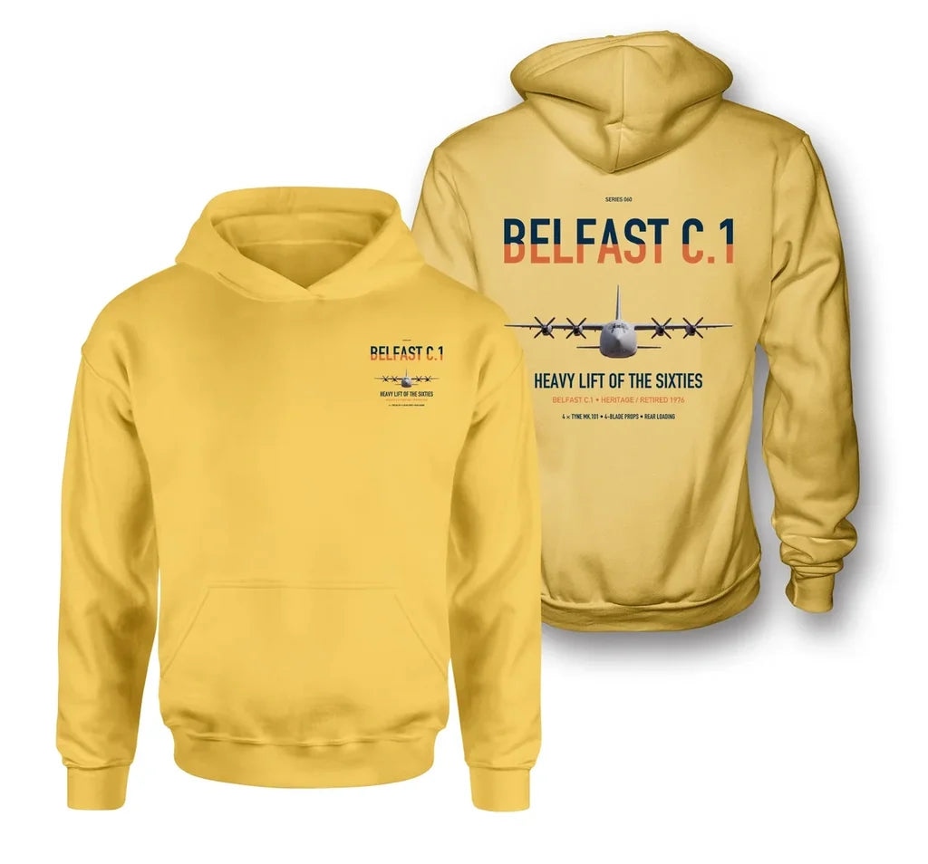 Short Belfast C.1 design on yellow double-side hoodie, double-side print