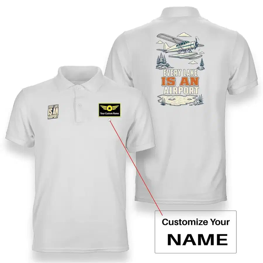 SIGNAL 388 - Every Lake Is An Airport - Double-Side Polo design on white double side polo with custom name badge
