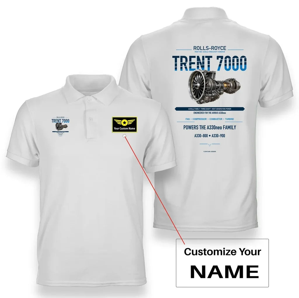 TRENT 7000 design on white polo with custom name badge
