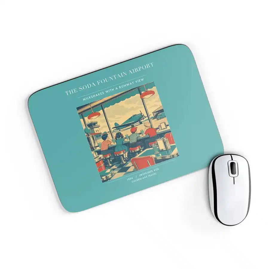 VINTAGE G4247 - The Soda Fountain Airport - Designed Mouse Pads design on turquoise rectangle