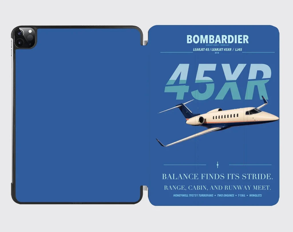 Bombardier Learjet 45XR design on blue ipad tablet case