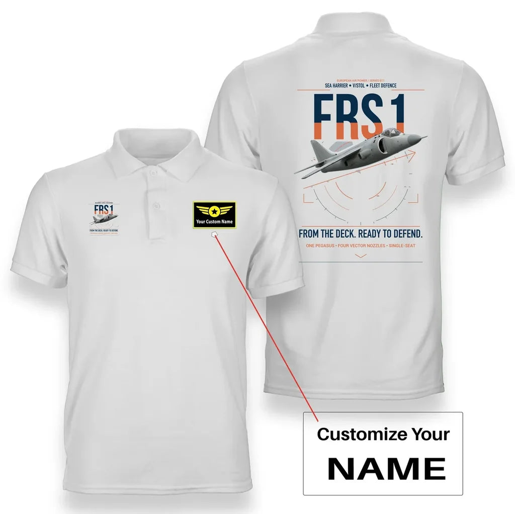 British Aerospace Sea Harrier FRS.1 design on white+name double-side polo t-shirt, double-side print