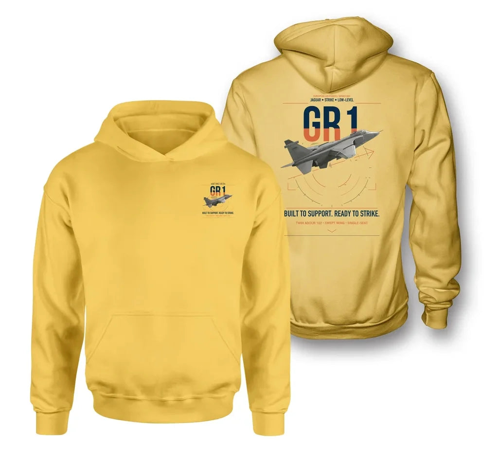 SEPECAT Jaguar GR1 design on yellow double-side hoodie, double-side print