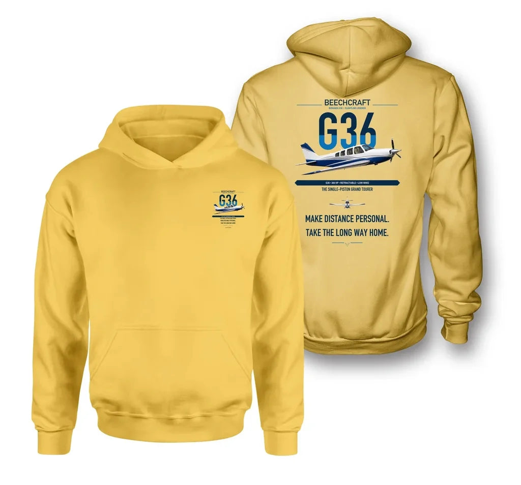 Beechcraft Bonanza G36 design on yellow double-side hoodie, double-side print