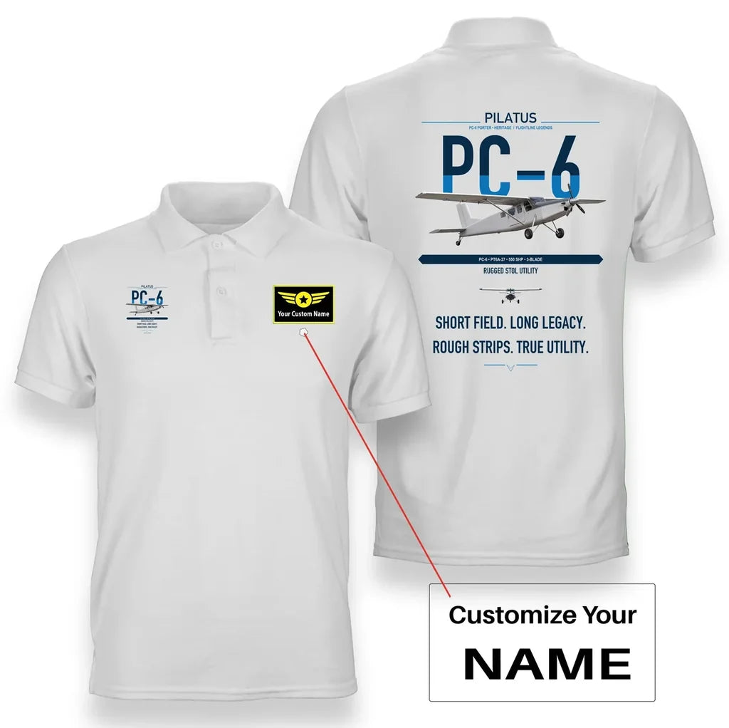 Pilatus PC-6 Porter design on white+name double-side polo t-shirt, double-side print