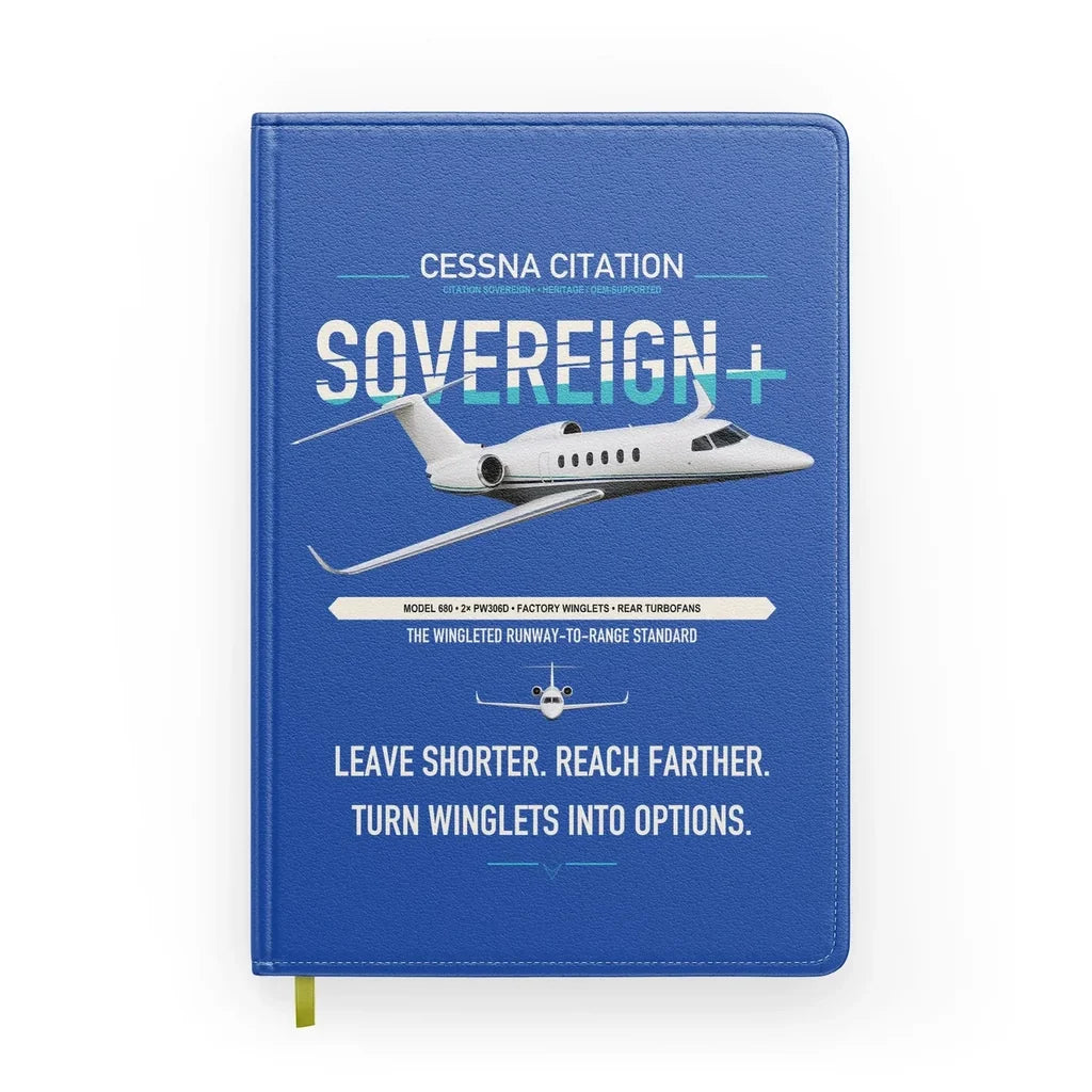 Cessna Citation Sovereign+ design on blue notebook