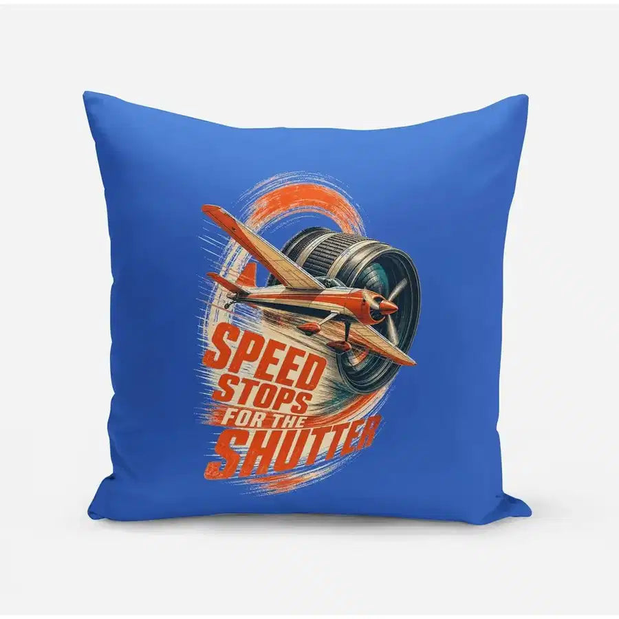 Speed Stops For The Shutter design on blue pillow