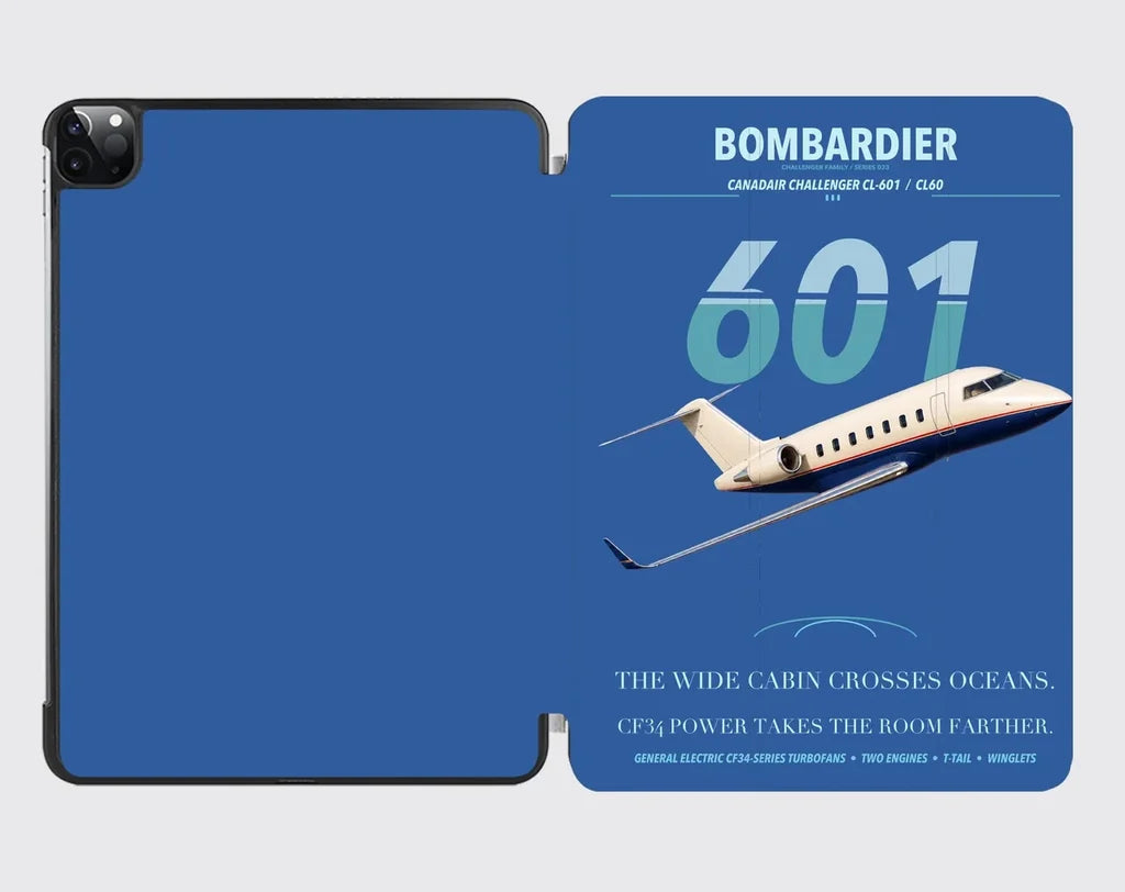 Bombardier Challenger 601 design on blue ipad tablet case