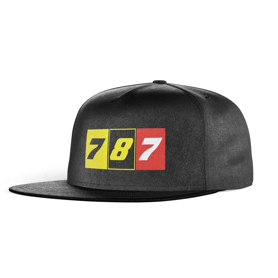 Flat Colourful 787 aviation embroidery on structured cotton snapback cap.