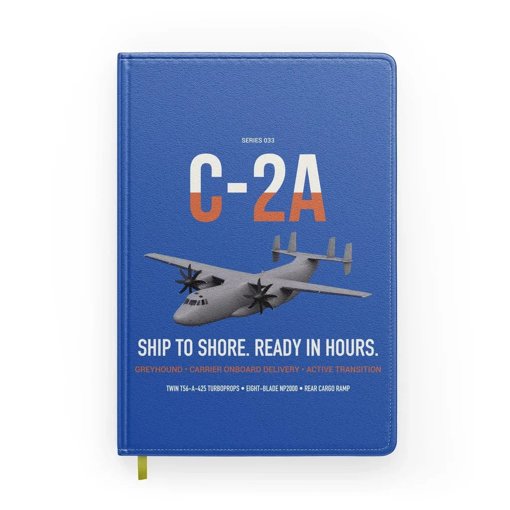 C-2A Greyhound design on blue notebook