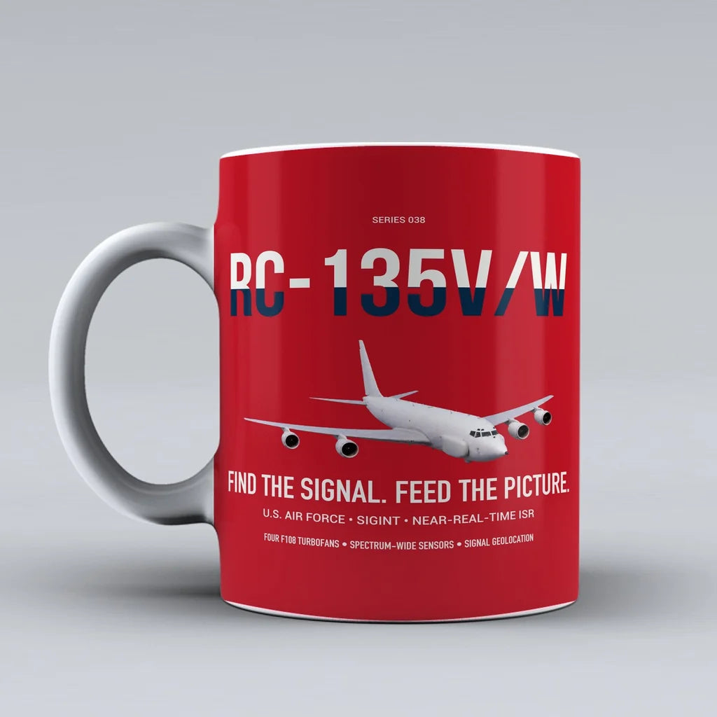 RC-135V W Rivet Joint design on red ceramic mug, double-side print
