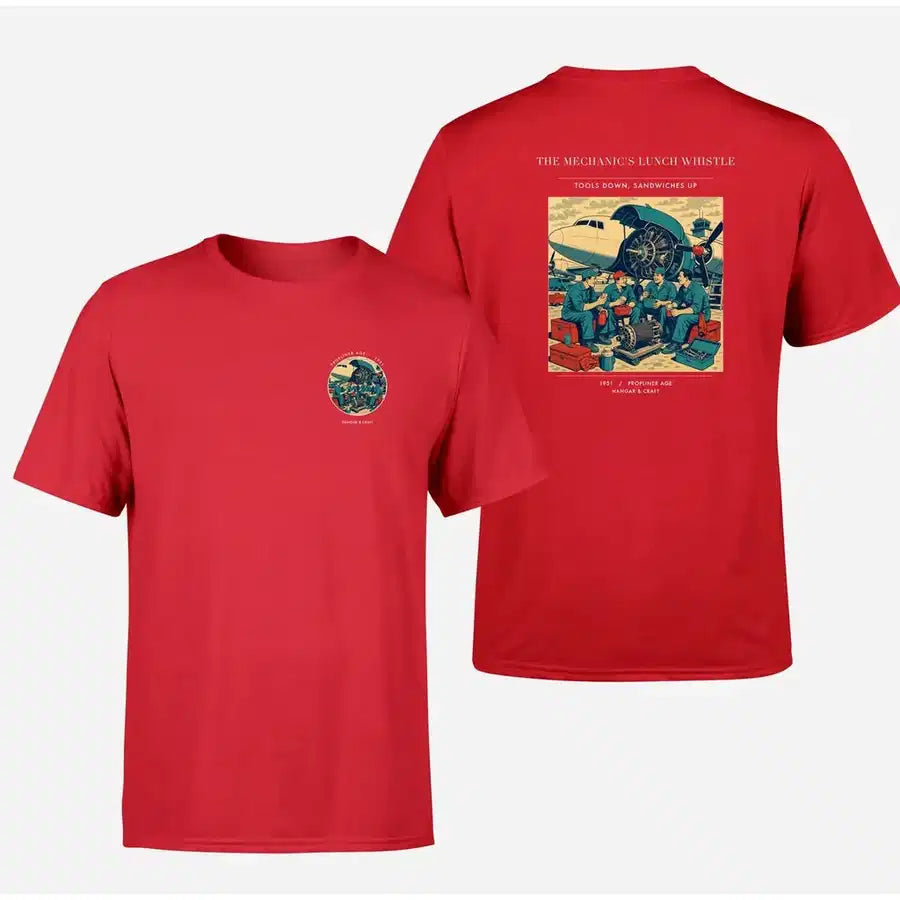 VINTAGE G4452 - The Mechanic's Lunch Whistle - Double-Side T-Shirt design on red double side t shirt