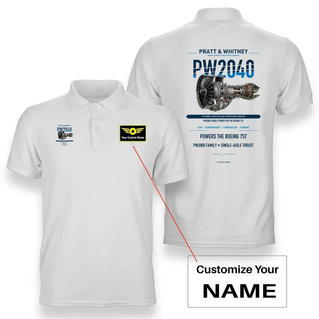 PW2040 design on white polo with custom name badge