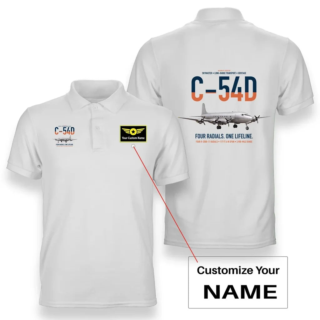 C-54D Skymaster design on white+name double-side polo t-shirt, double-side print