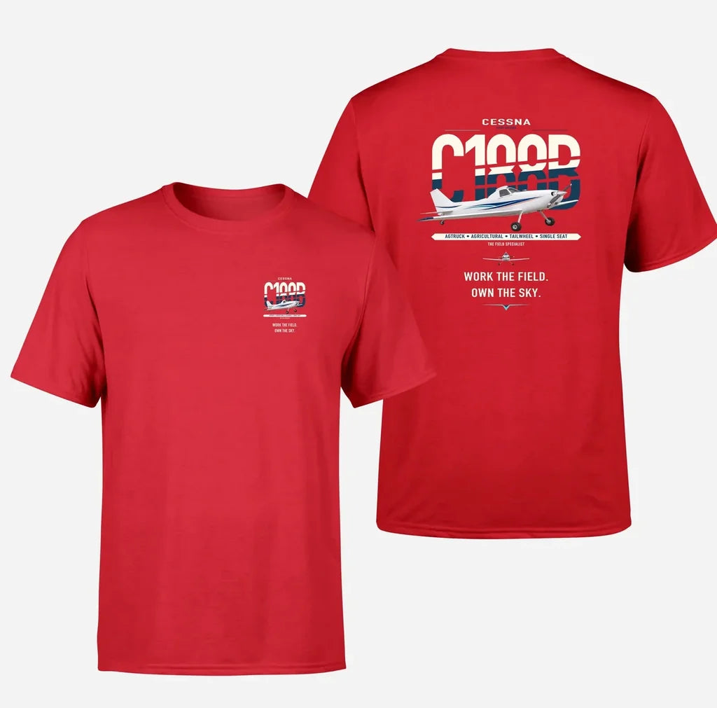 Cessna A188B AgTruck design on red t-shirt, double-side print