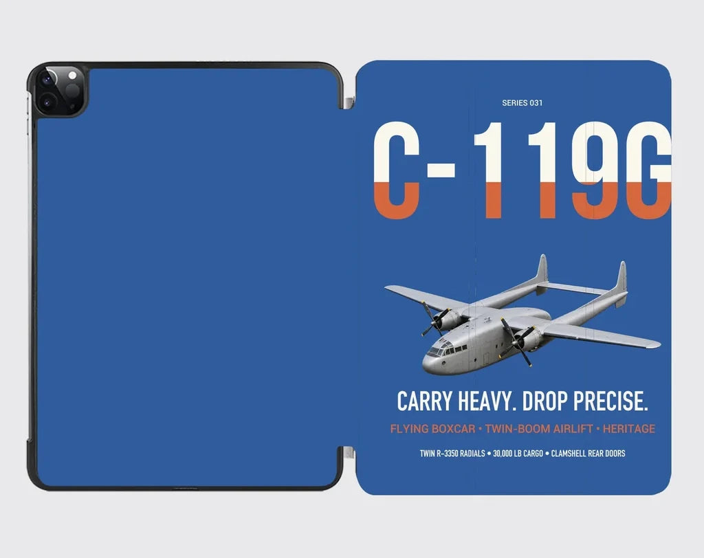 C-119G Flying Boxcar design on blue ipad tablet case