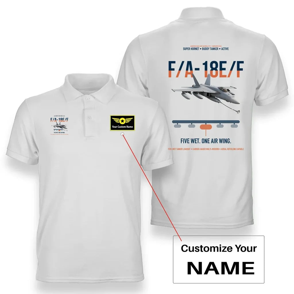 F A-18E F Buddy Tanker design on white+name double-side polo t-shirt, double-side print