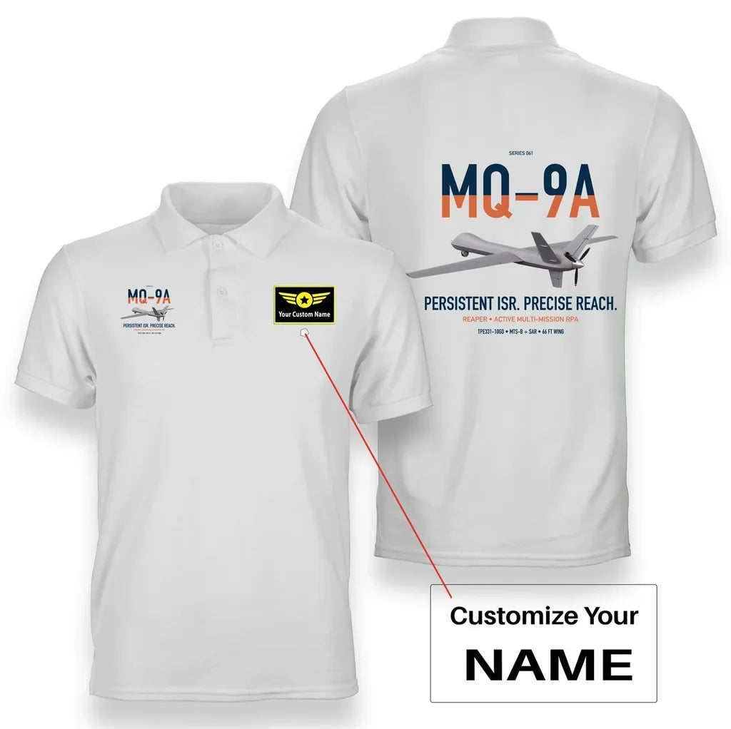 MQ-9A Reaper design on white+name double-side polo t-shirt, double-side print