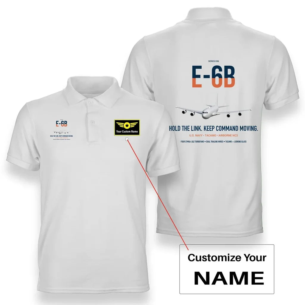 E-6B Mercury design on white+name double-side polo t-shirt, double-side print