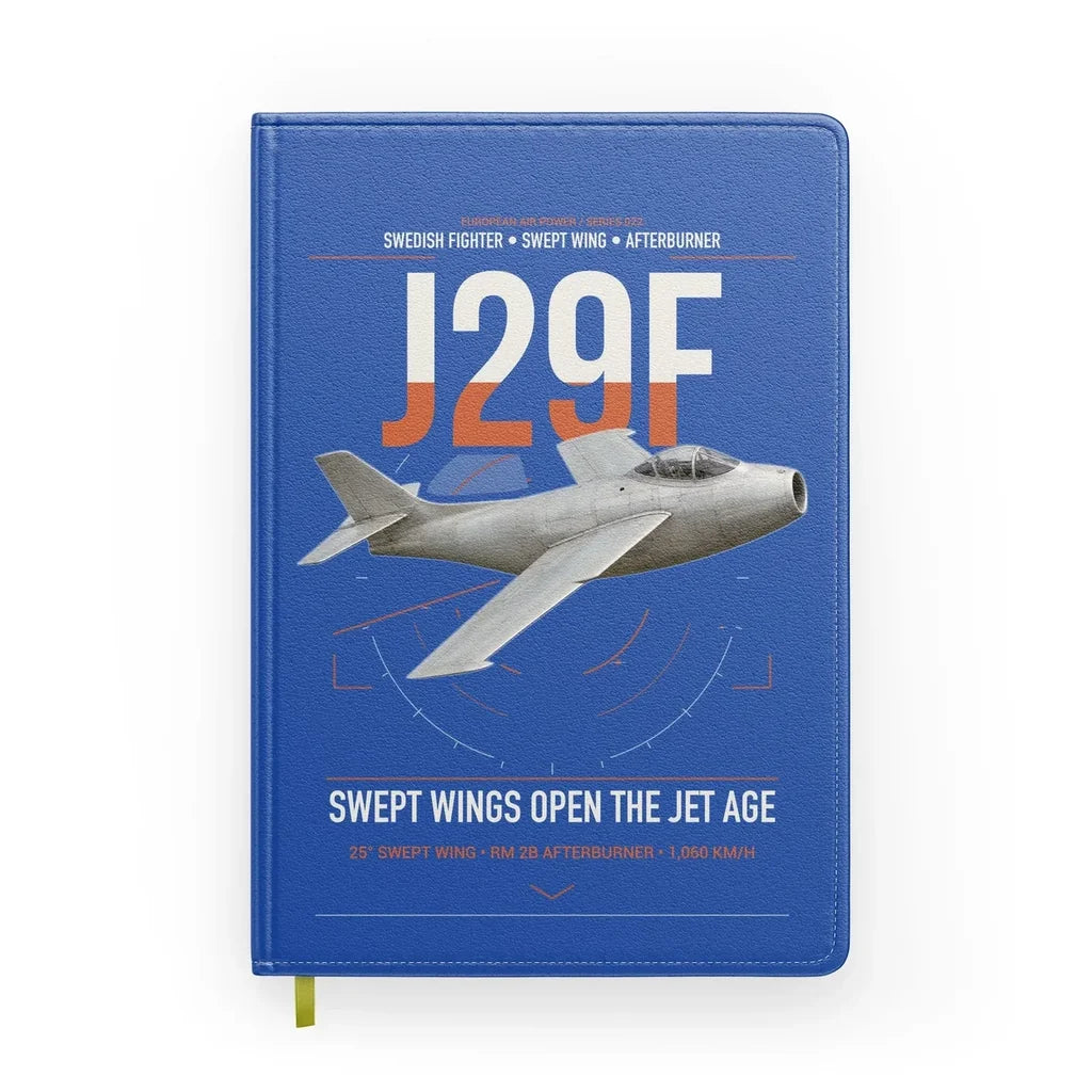 Saab J 29F Tunnan design on blue notebook