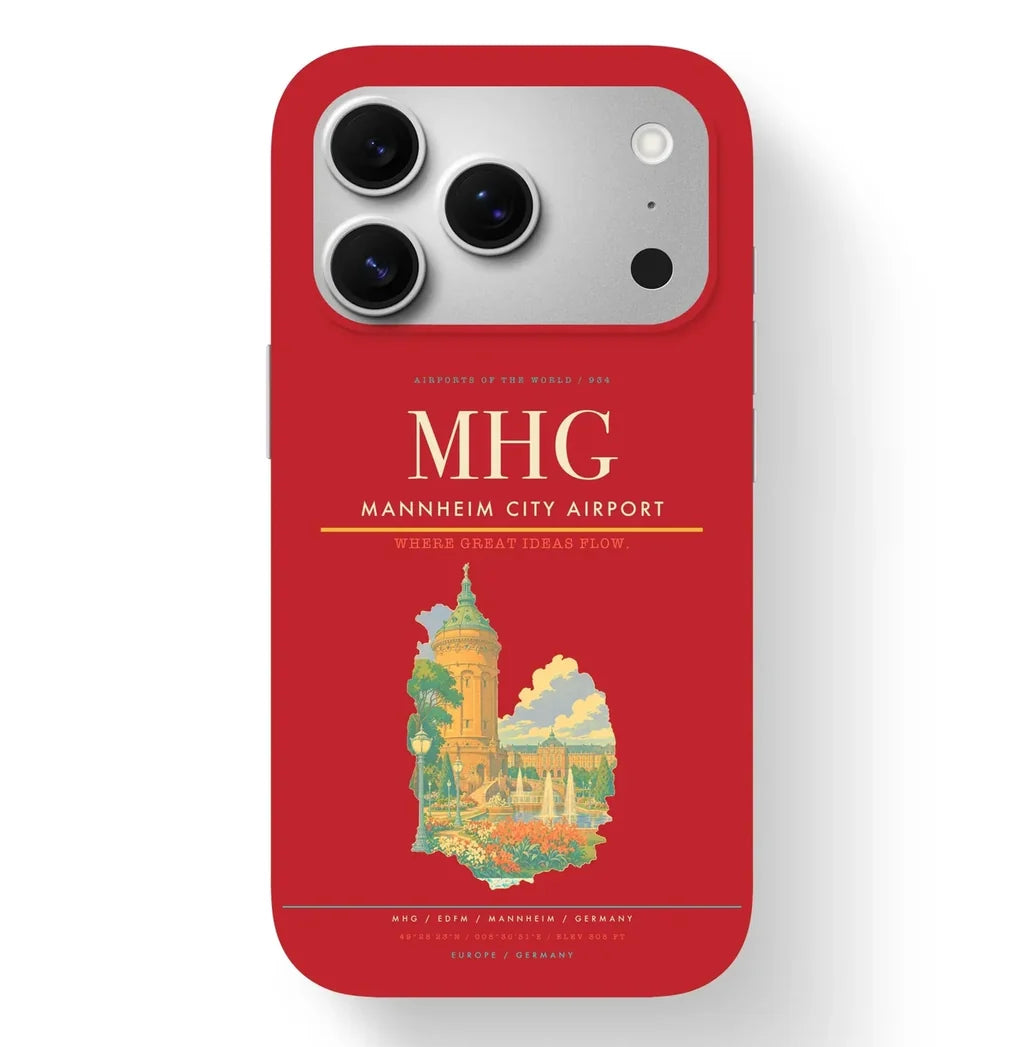 Mannheim Airport (MHG) design on red iPhone 17 Pro MagSafe case