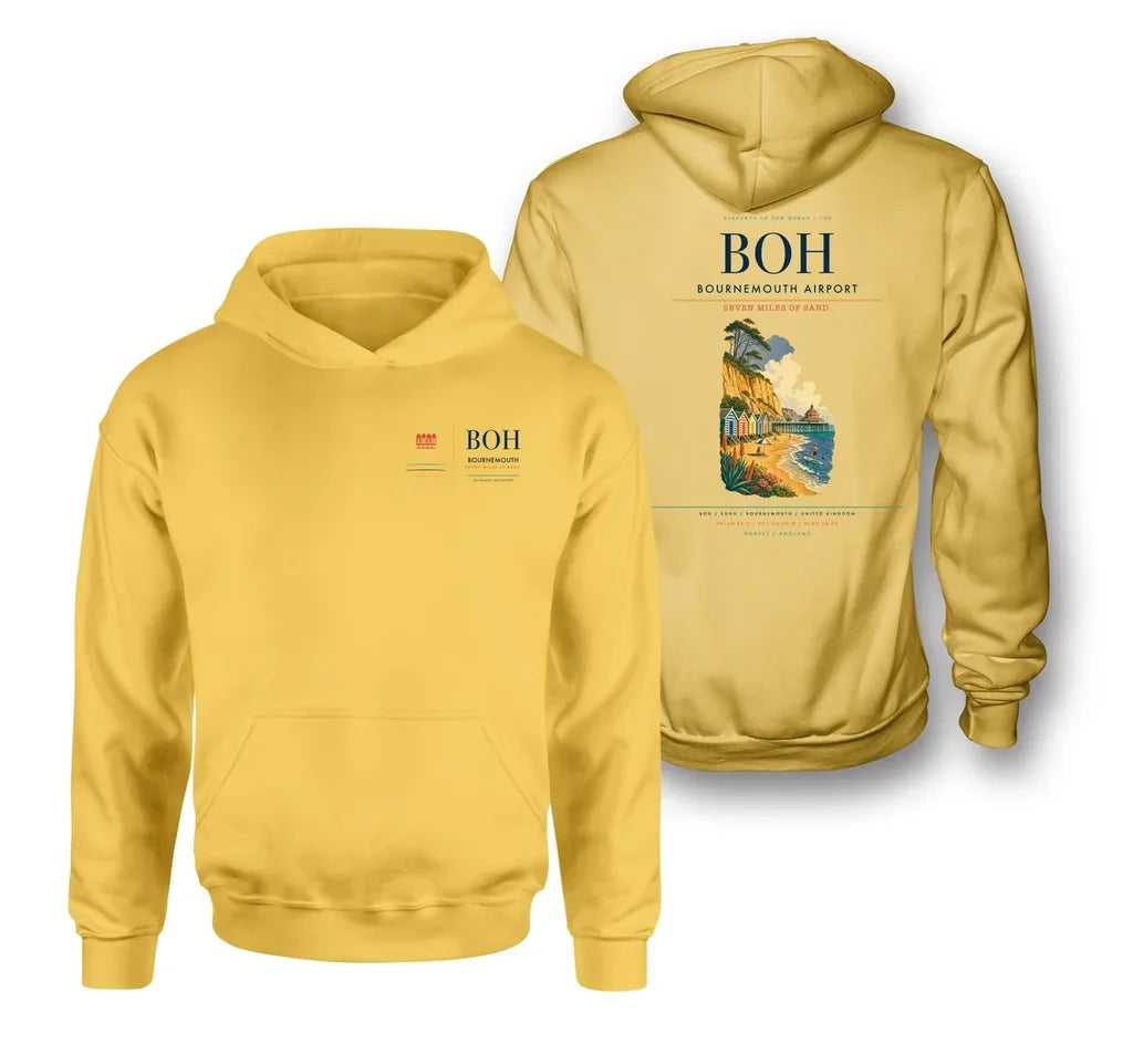Bournemouth Airport (BOH) design on yellow double-side hoodie