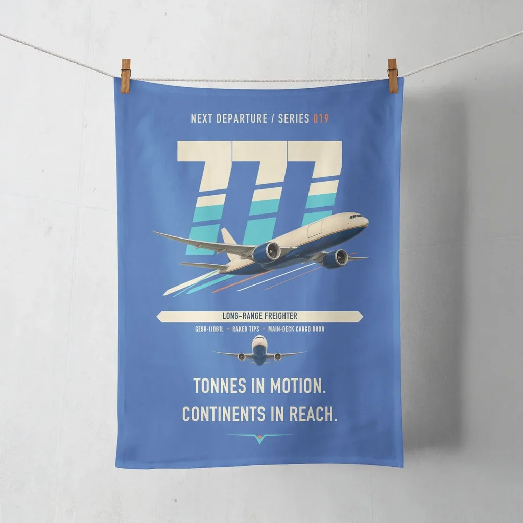 Boeing 777F design on blue towel