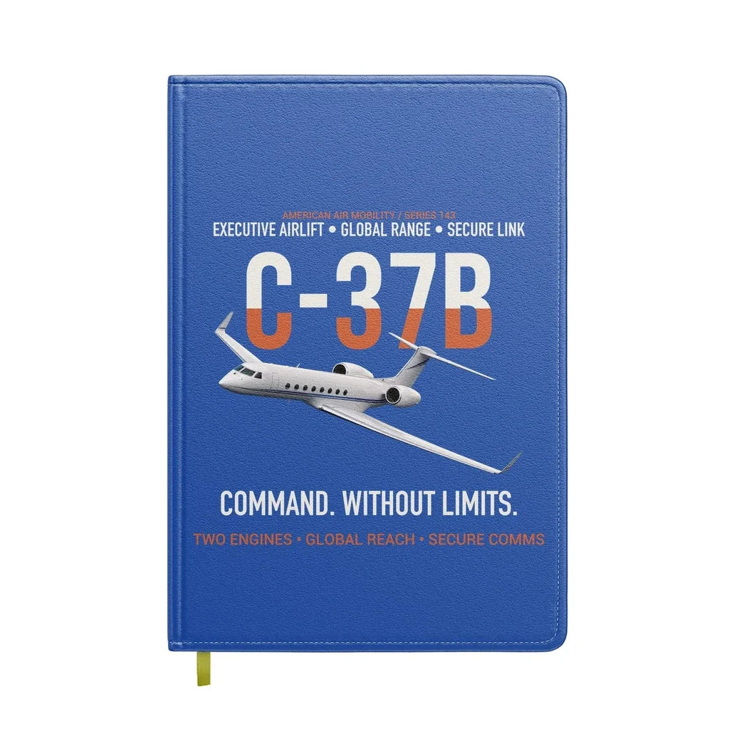 C-37B Global Command Link design on blue notebook