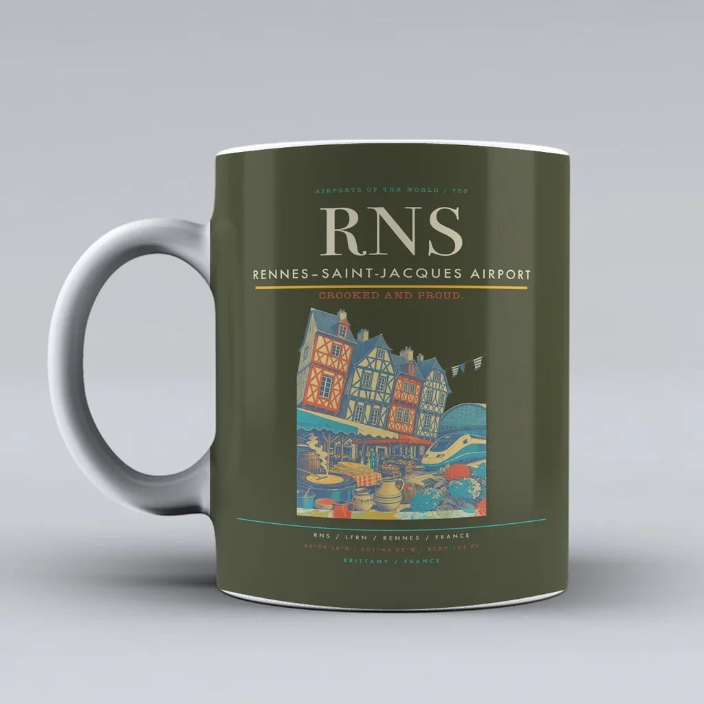Rennes–Saint-Jacques Airport (RNS) airport code design on green army ceramic mug