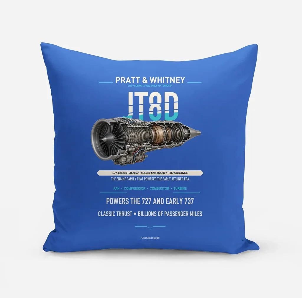 JT8D design on blue pillow