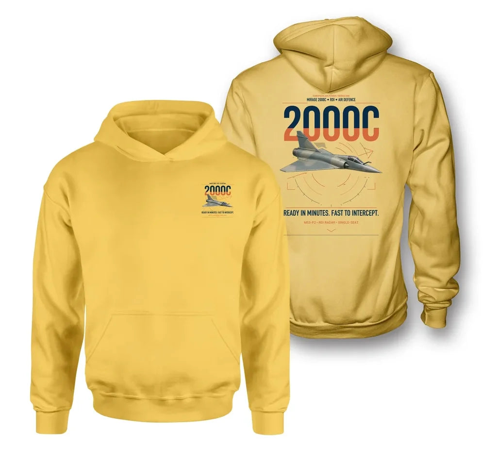 Dassault Mirage 2000C RDI design on yellow double-side hoodie, double-side print