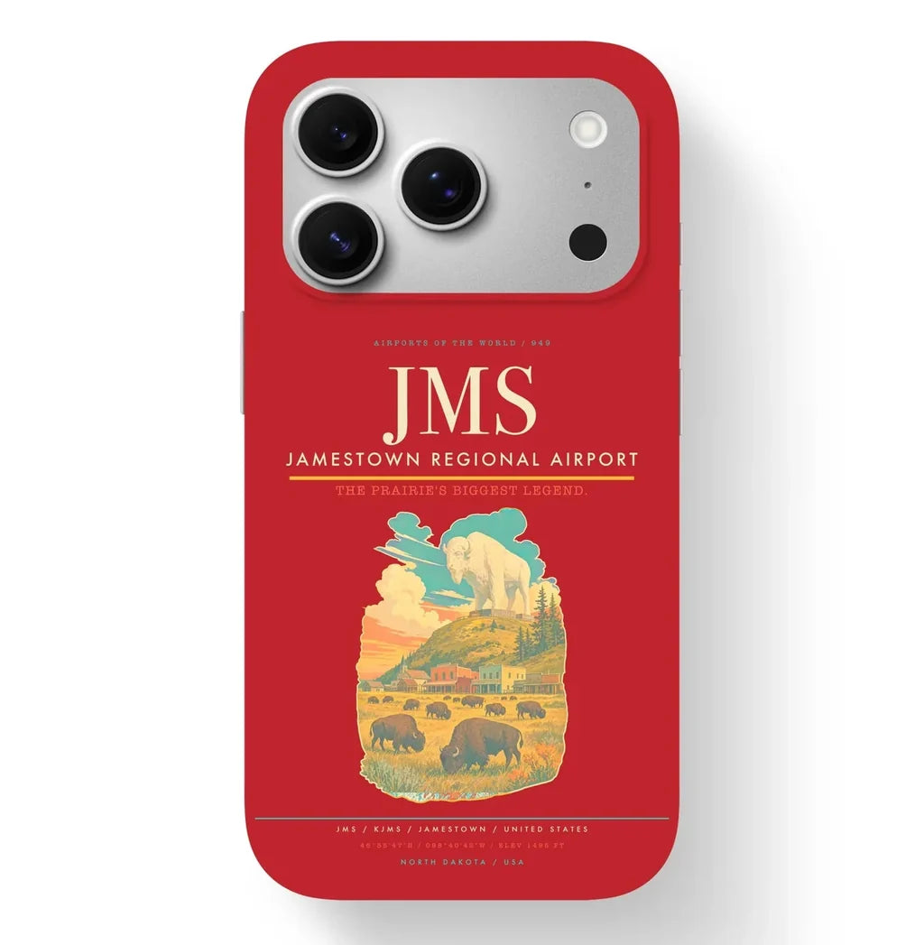 Jamestown Airport (JMS) design on red iPhone 17 Pro MagSafe case