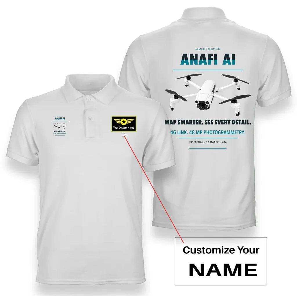 Parrot ANAFI Ai design on white polo with custom name badge