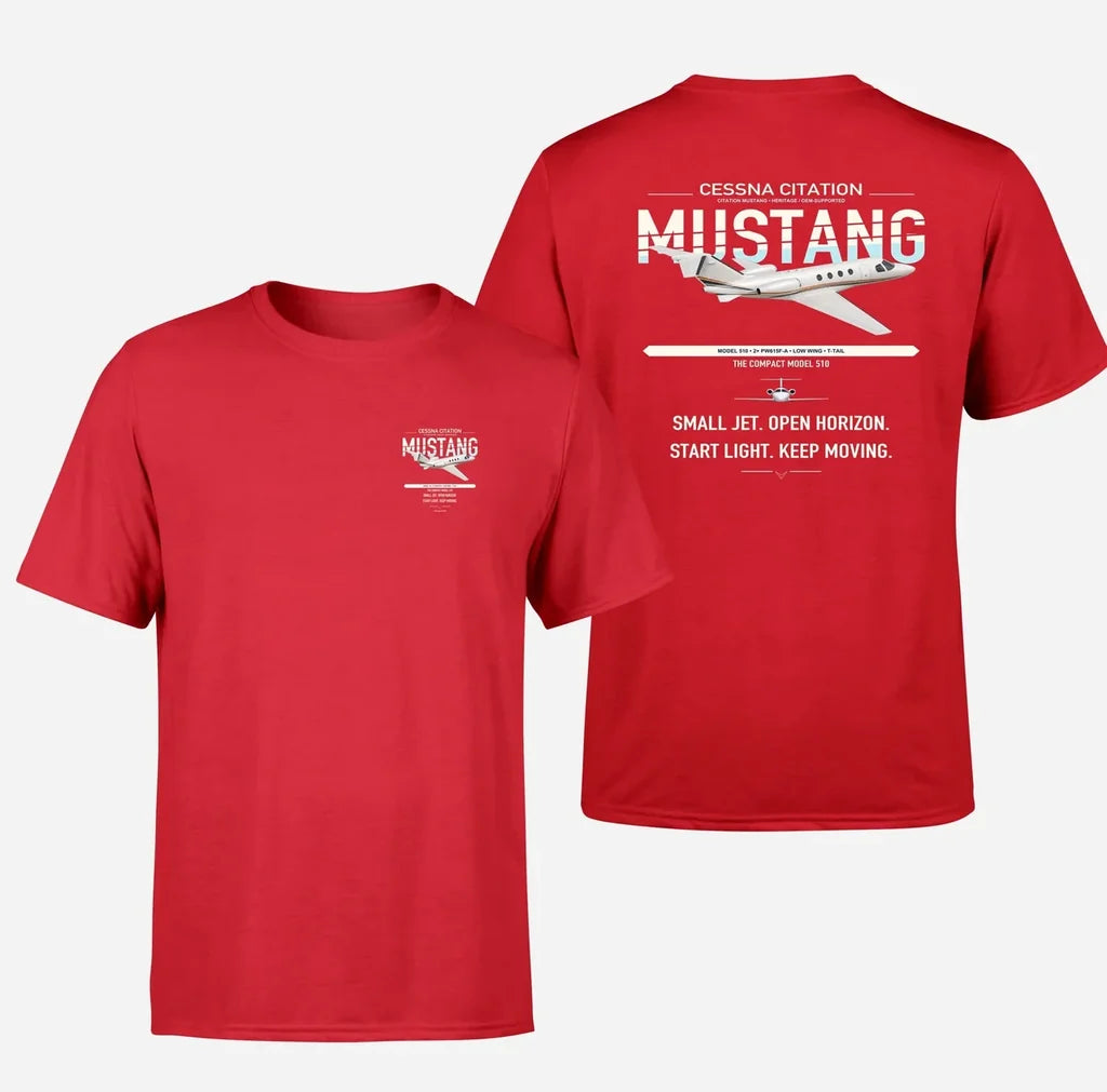 Cessna Citation Mustang design on red double-side t-shirt, double-side print