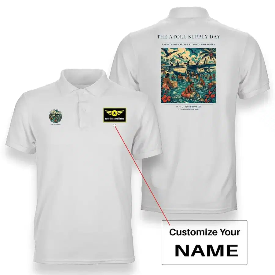 VINTAGE G4189 - The Atoll Supply Day - Double-Side Polo T-Shirt design on white+name