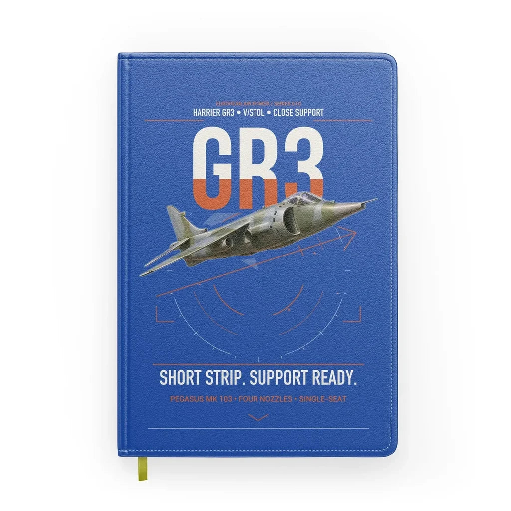 Hawker Siddeley Harrier GR3 design on blue notebook