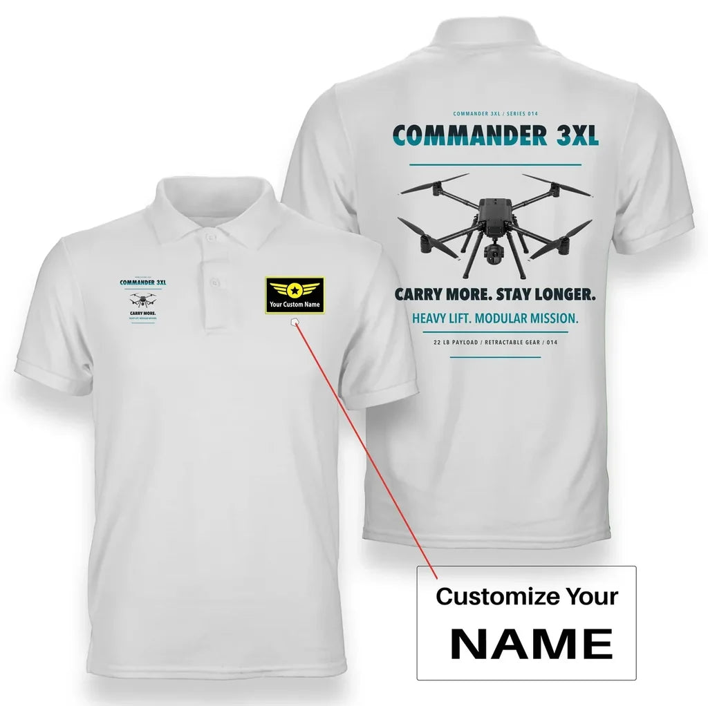 Draganfly Commander 3XL design on white polo with custom name badge