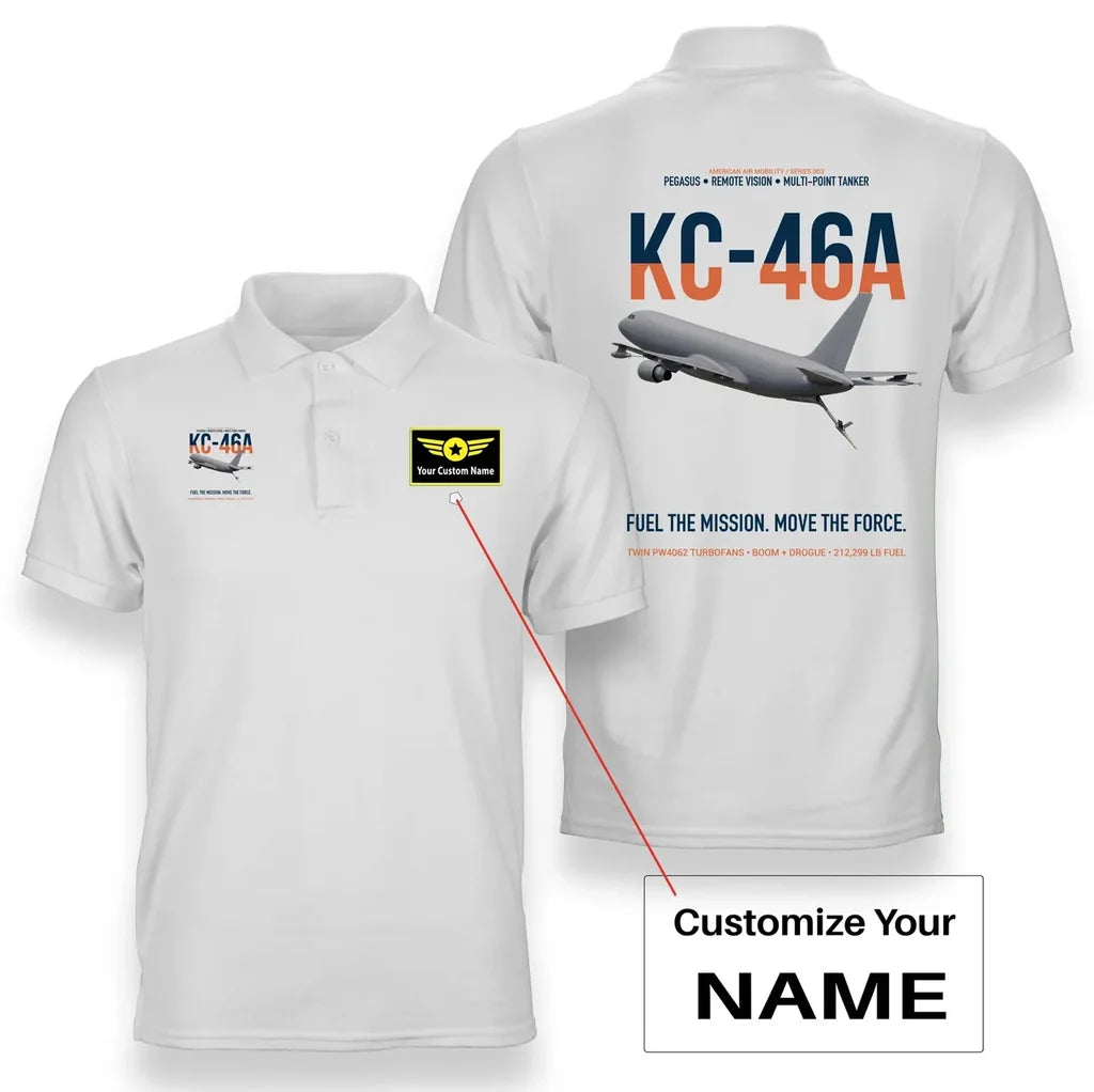 KC-46A PEGASUS design on white+name double-side polo t-shirt, double-side print
