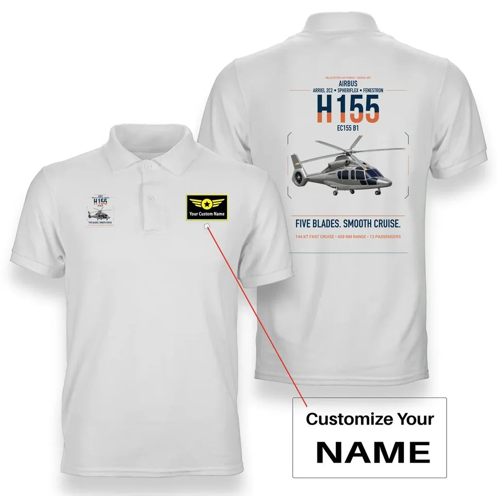 Airbus H155 EC155 B1 design on white+name double-side polo t-shirt, double-side print