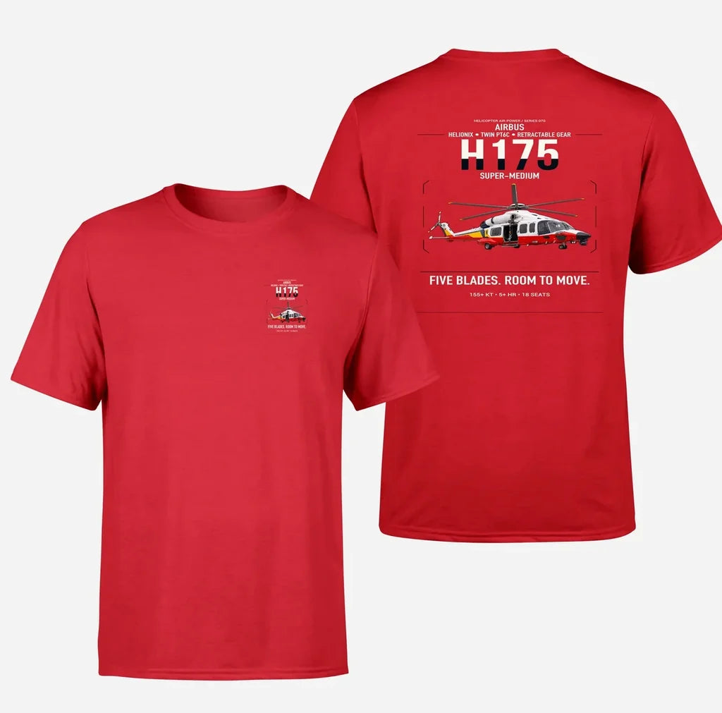 Airbus H175 design on red t-shirt, double-side print