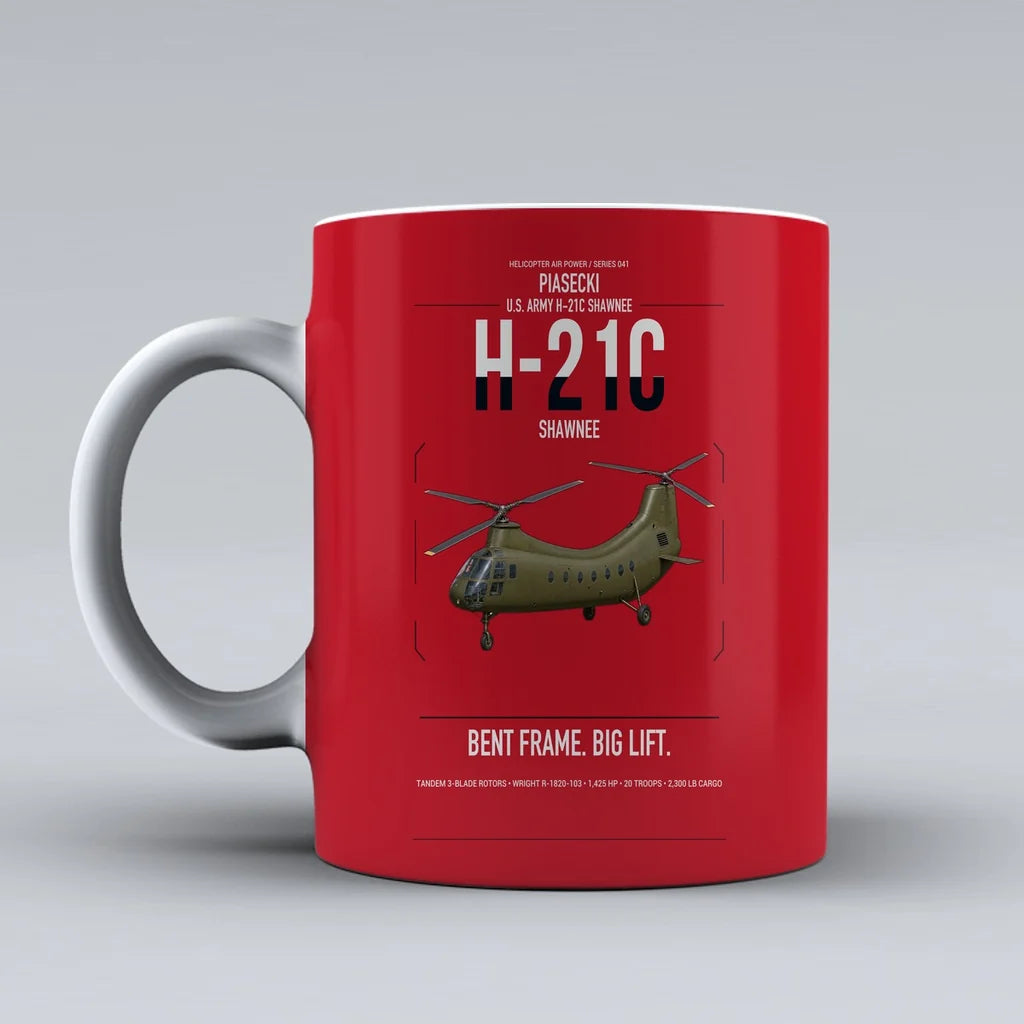 Piasecki H-21C Shawnee design on red ceramic mug, double-side print