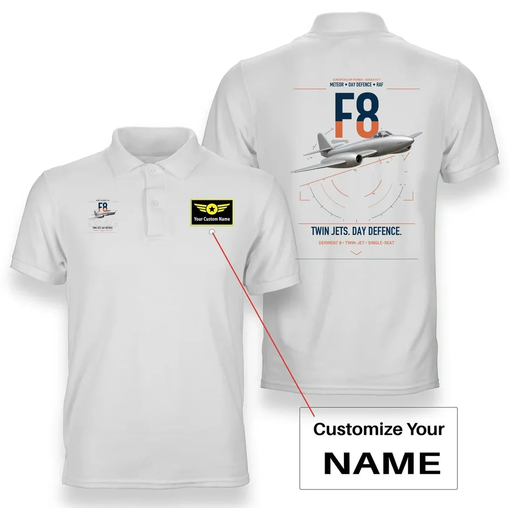 Gloster Meteor F8 design on white+name double-side polo t-shirt, double-side print