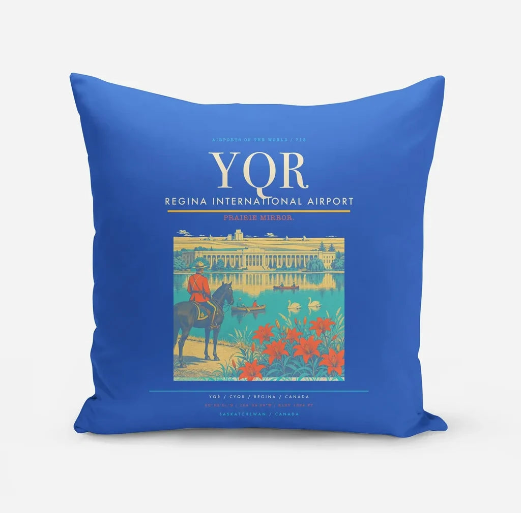 Regina International Airport (YQR) design on blue pillow