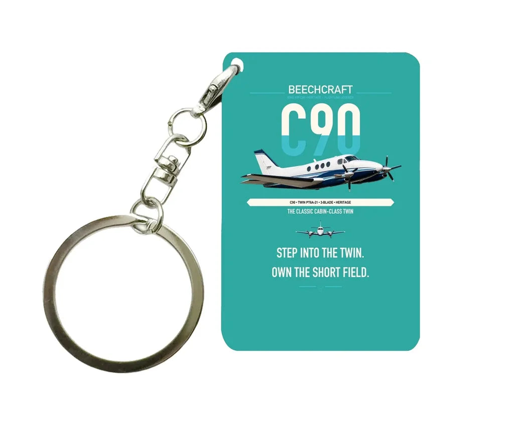 Beechcraft King Air C90 design on turquoise designed key chain, double-side print